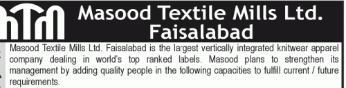 Jobs Opportunities in Masood Textile Mills Faisalabad 2018