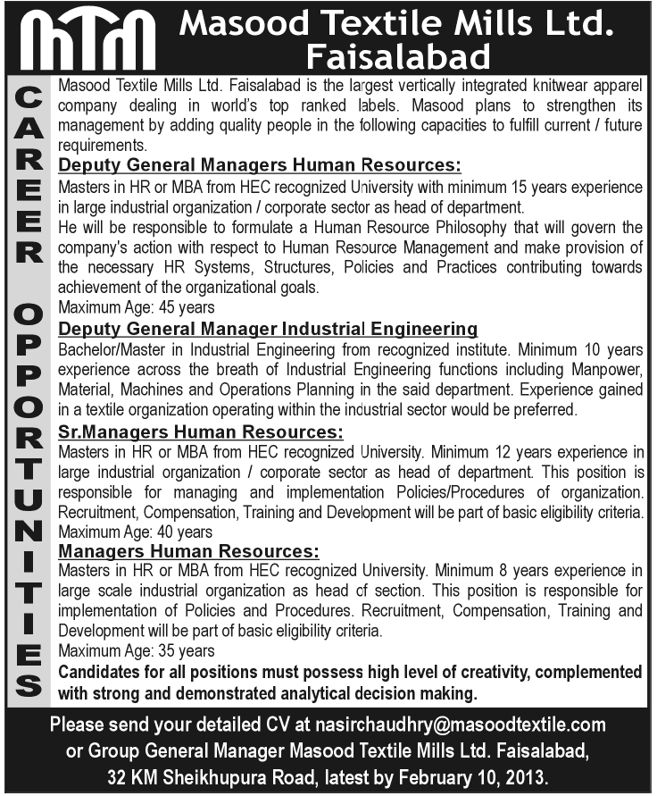 Jobs Opportunities in Masood Textile Mills Faisalabad 2013 Jobs Opportunities in Masood Textile Mills Faisalabad 2013