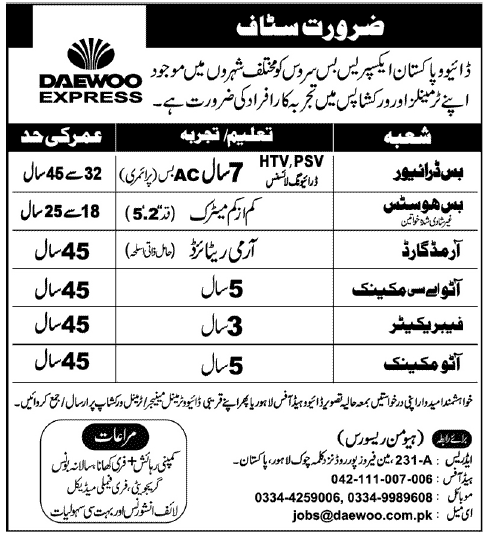 Jobs Opportunities in Daewoo Express 2020