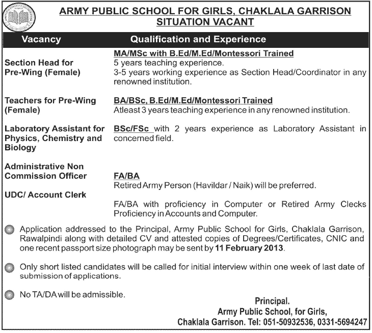 Jobs in Army Public School For Girls Chaklala Garrison 2013 Jobs in Army Public School For Girls Chaklala Garrison