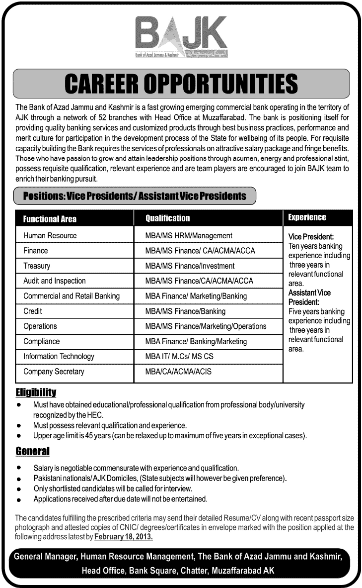 Jobs in Bank of Azad Jammu And Kashmir 2020