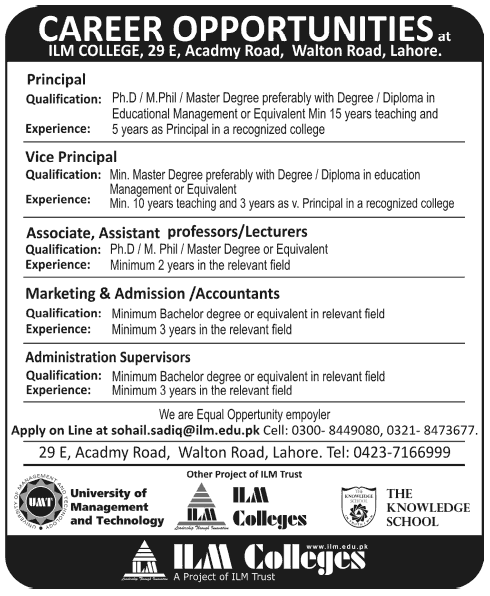 Jobs in ILM college Lahore 2013