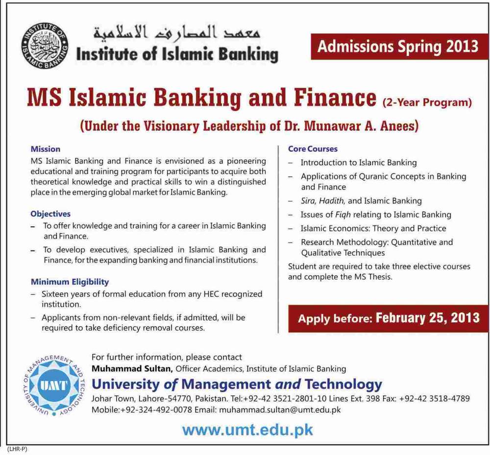 MSIslamicBankingFinanceAdmissionsSpring2013