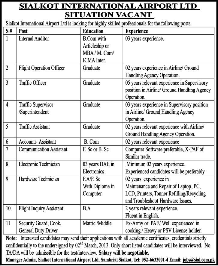 Sialkot International Airport Jobs 23-February 2013 Sialkot International Airport Jobs 23-February 2013