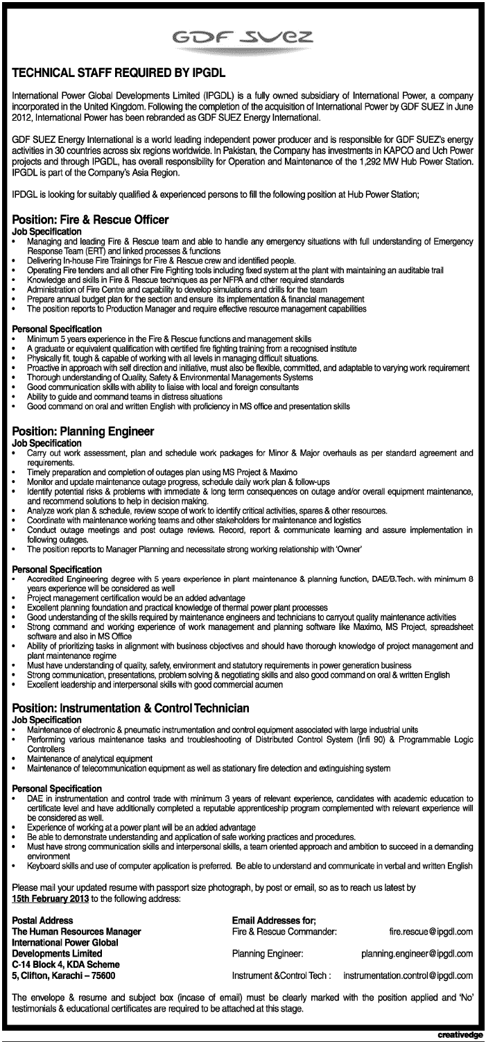 Technical Staff Required in International Power Global Development Limited Technical Staff Required in International Power Global Development Limited
