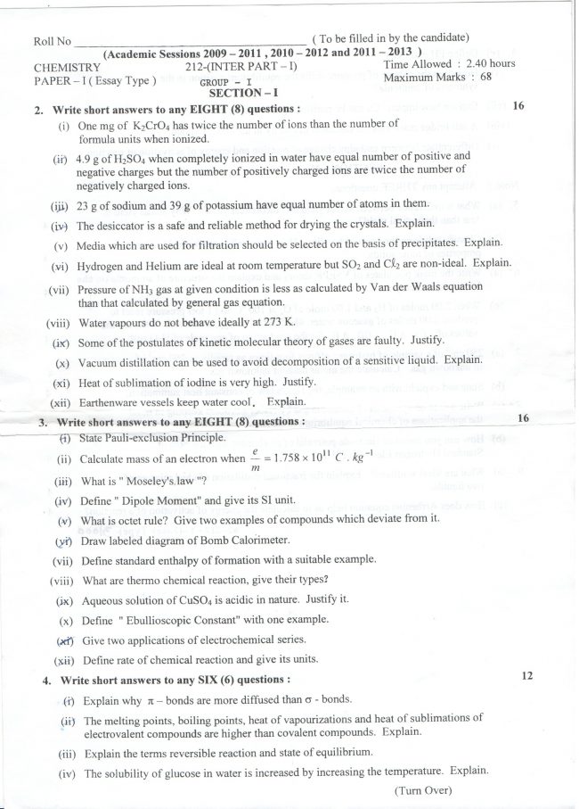 Lahore Board Chemistry part 1 class 11 Past Paper