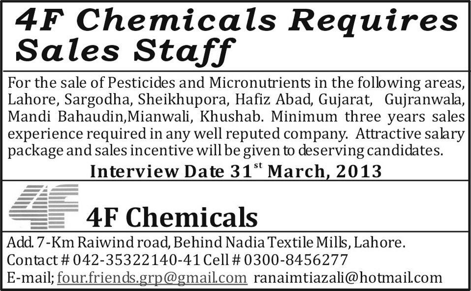 4F Chemicals required sales staff Cities of Pakistan 4F Chemicals required sales staff Cities of Pakistan