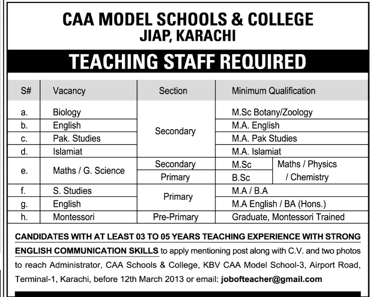 Caa Model School College Teaching Jobs 2019