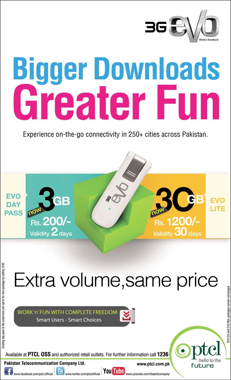 PTCL Evo 3G Offer Extra Volume with Same Price