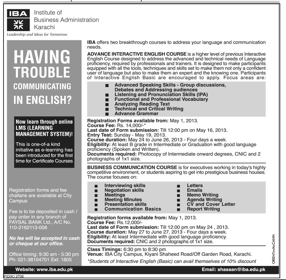 Institute of Business Administration Karachi Offer English Course