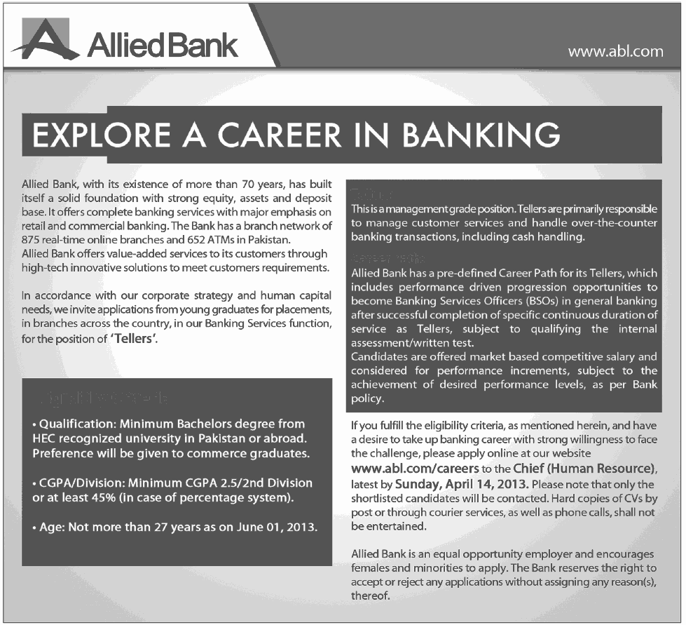 Job in Allied Bank Job, ABL Careers, Tellers Position 2013 Job in Allied Bank Job, ABL Careers, Tellers Position 2013