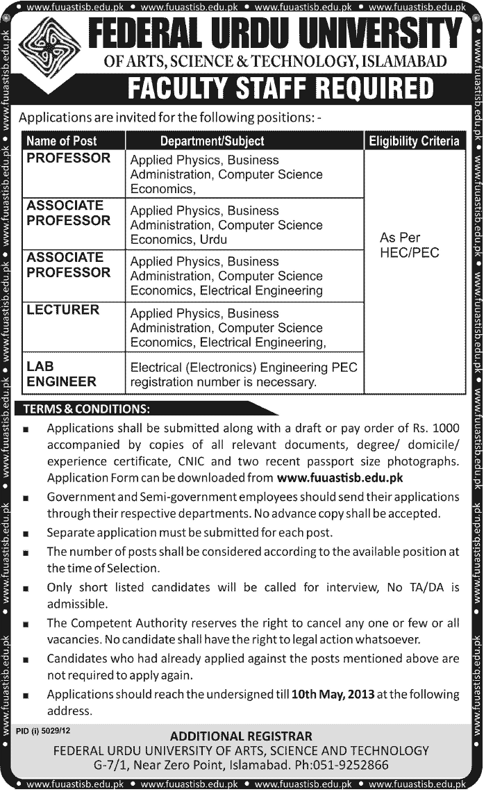 Jobs in Federal Urdu University Islamabad Jobs in Federal Urdu University Islamabad for Professors 2013