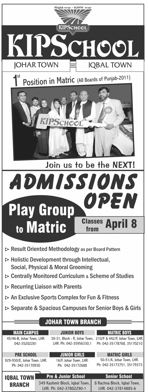 KIPS School Johar Town Lahore Admissions Open 2013