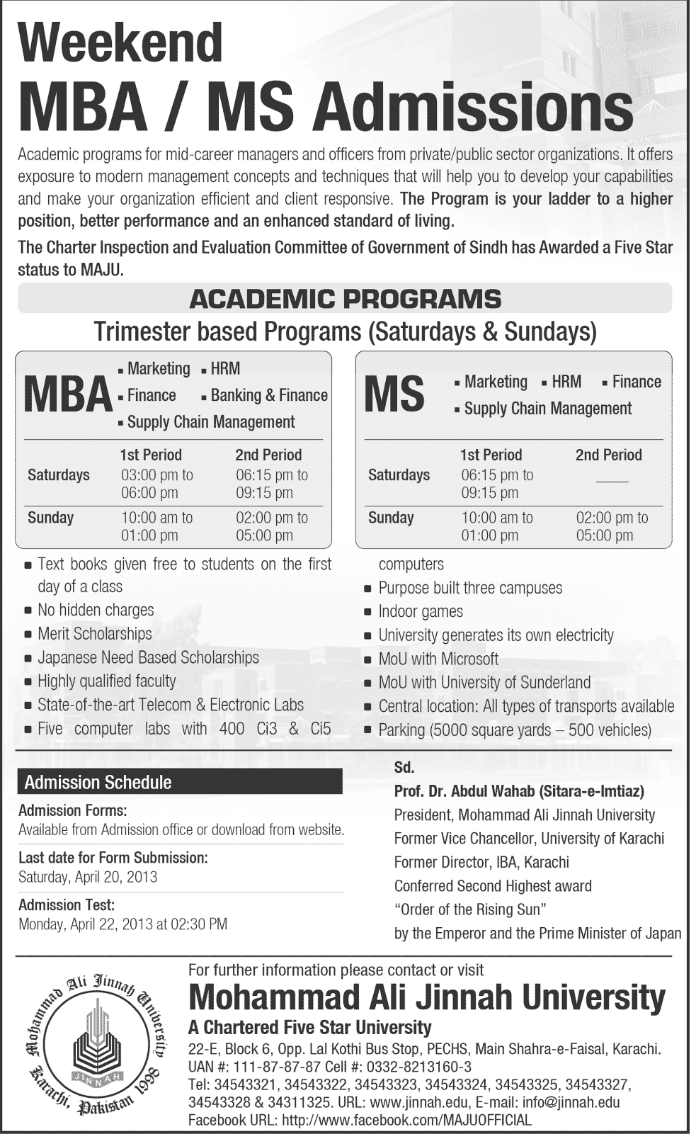 Muhammad Ali Jinnah University MBAMS Admissions 2013 Muhammad Ali Jinnah University MBAMS Admissions 2013