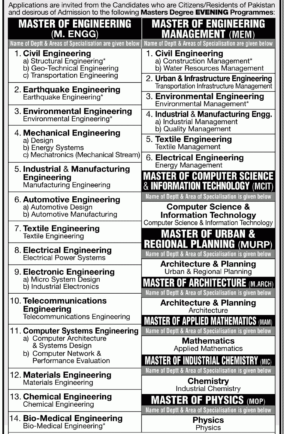 NED UET Admission Notice for Master Degree Programmes 2019