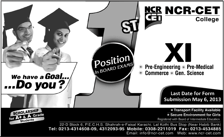 Ncr-Cet Intermediate College Karachi Admissions in 9th Class 2013 Ncr-Cet Intermediate College Karachi Admissions in 9th Class 2013