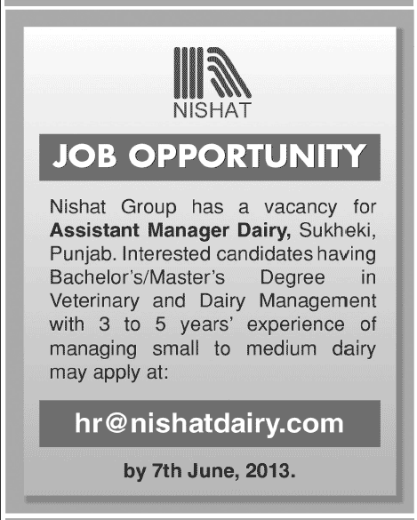 Assistant Manager Dairy Jobs in Nishat Group of Pakistan