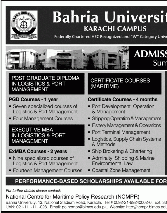 Bahira University Karachi Campus Summer Admission