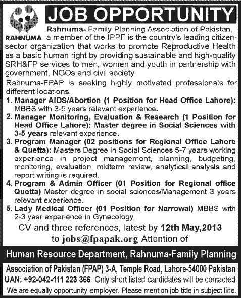 Family Planning Association of Pakistan RAHNUMA Jobs May 2013 1 Family Planning Association of Pakistan RAHNUMA Jobs May