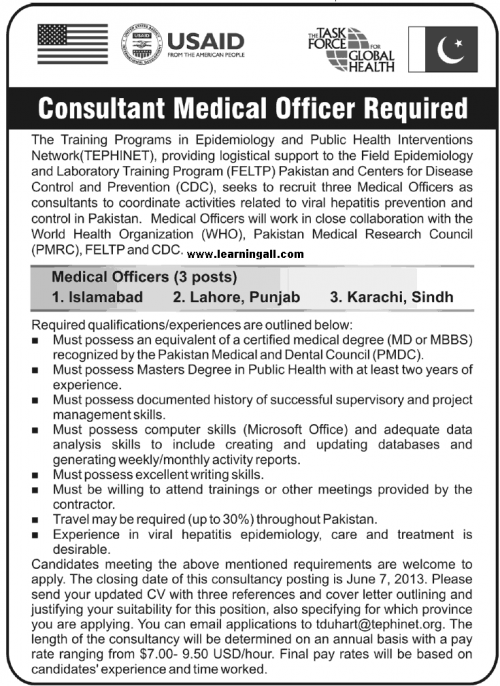 Jobs in USAID Consultant Medical Officer required 2013