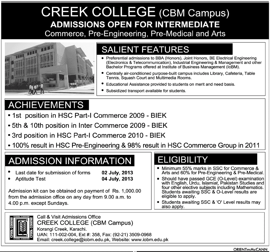 Creek College Karachi Admission 2020