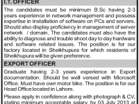 IT Officer & Export Officer Jobs 2013