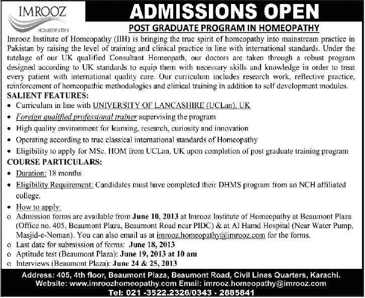 Imrooz Institute of Homeopathy IIH Admissions open 2020