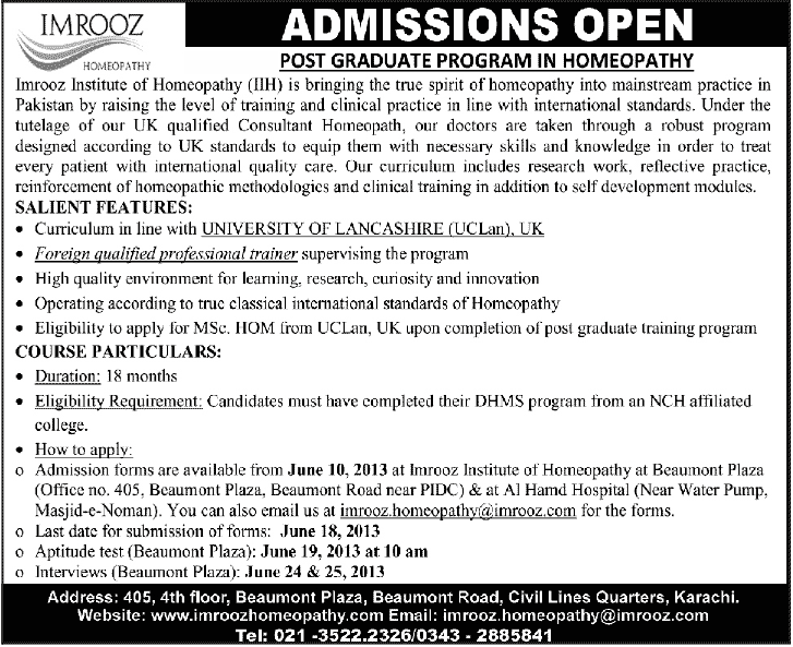 Imrooz Institute of Homeopathy IIH Admissions open 2024