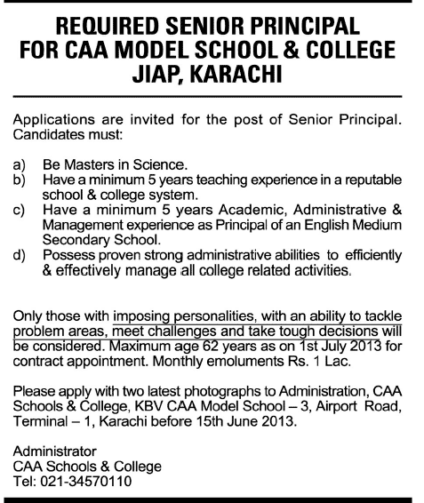 Senior Principal Jobs in CAA Model School & College JIAP Senior Principal Jobs in CAA Model School & College JIAP