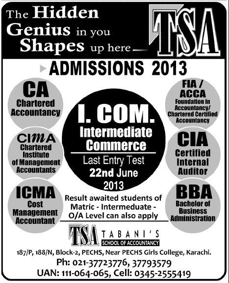 TSA Tabani's School of Accountancy Admissions 2013