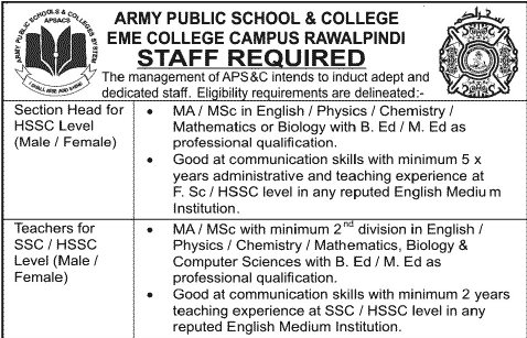 Teaching jobs in army public schools