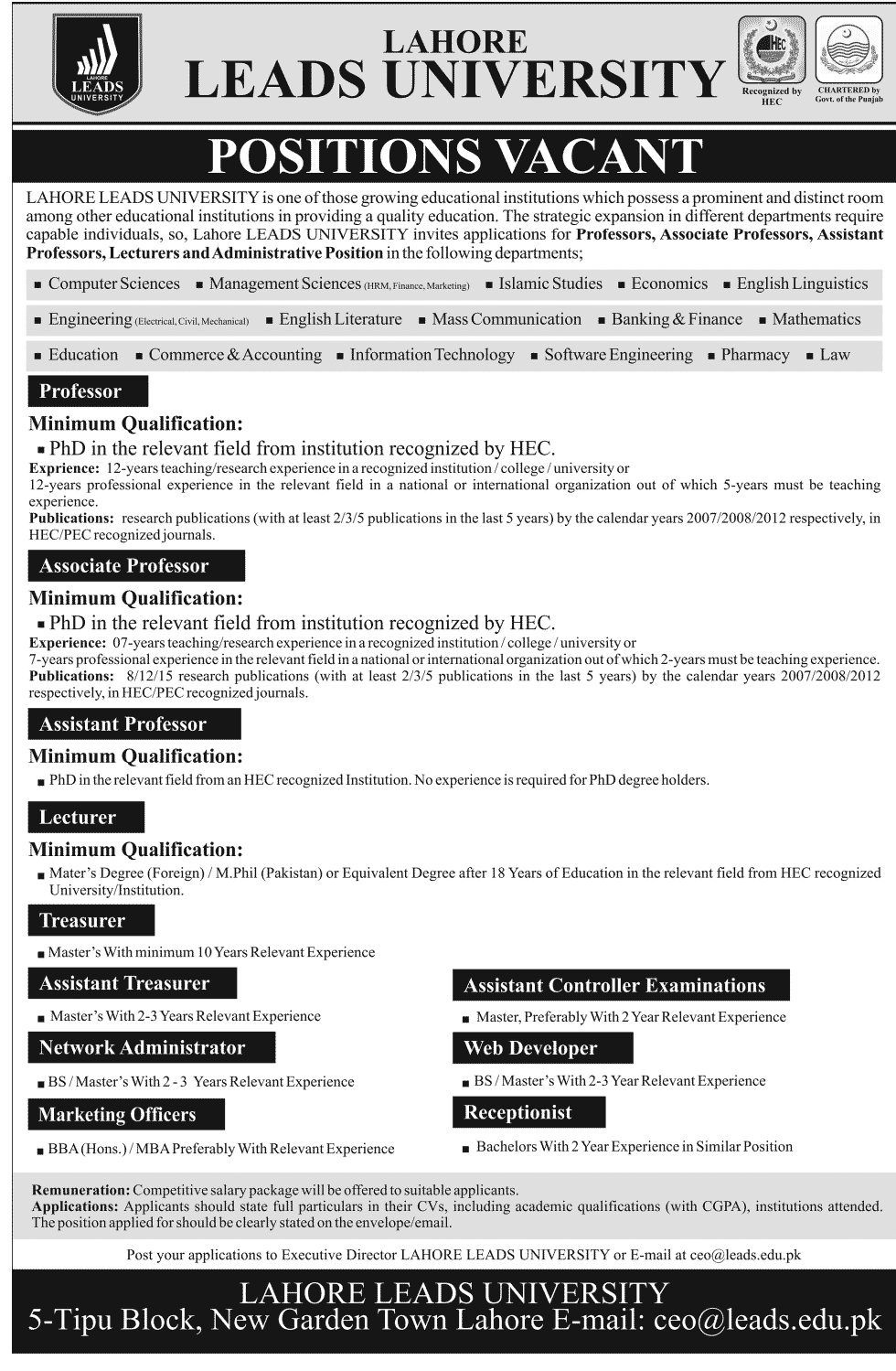 Lahore Leads University Professor Jobs July 2013