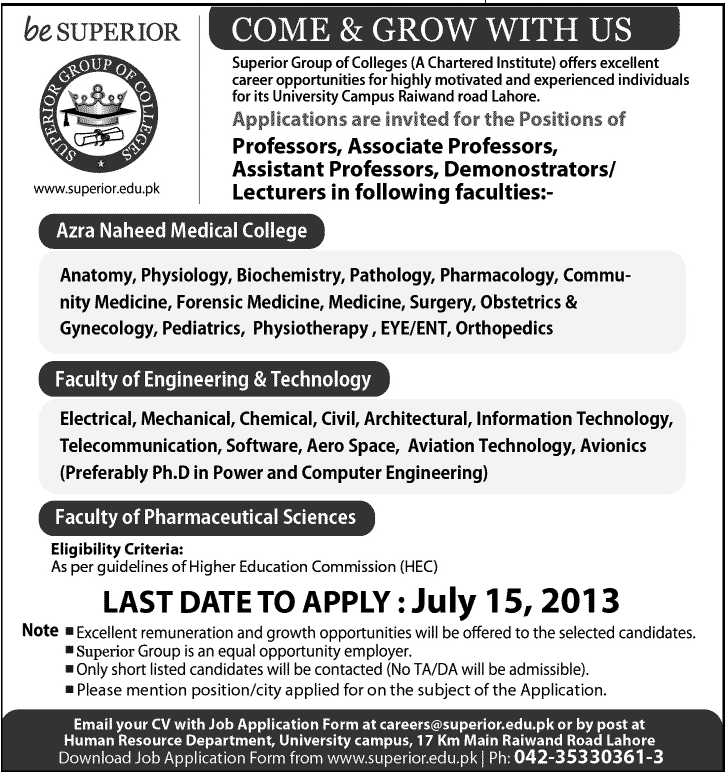 Superior Group of Colleges Lahore Jobs july 2013 Superior Group of Colleges Lahore Jobs july 2013