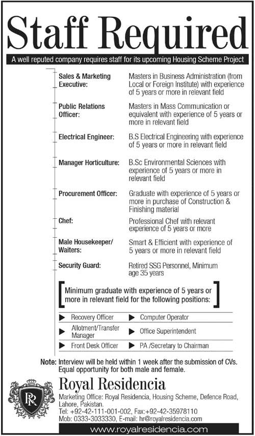 Staff Required at Royal Residencia