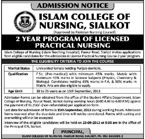 Islam College of Nursing, Sialkot Admissions Islam College of Nursing, Sialkot Admissions