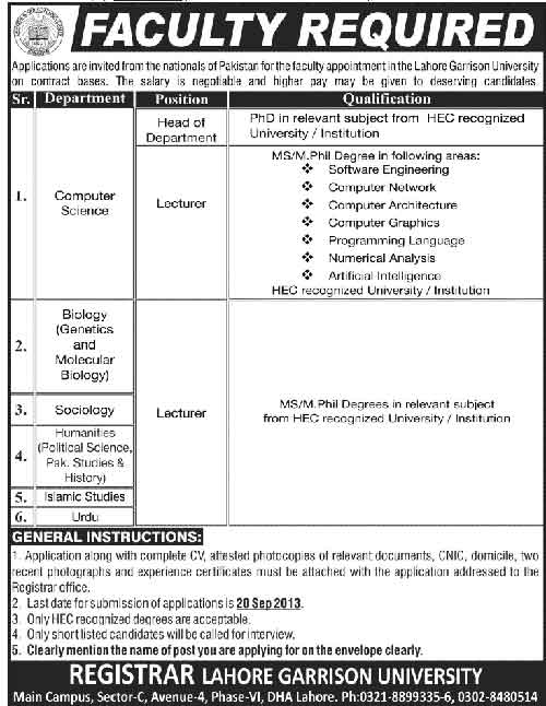 Teaching Jobs In Lahore Garrison University