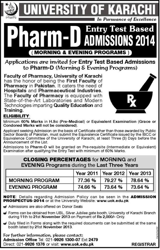 Pharm D admissions in Karachi University
