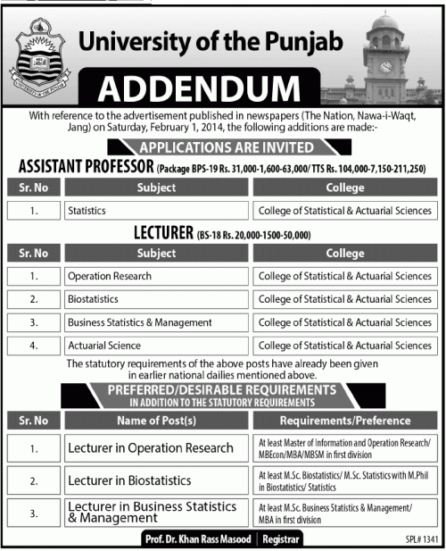 PU Lahore Jobs 2014