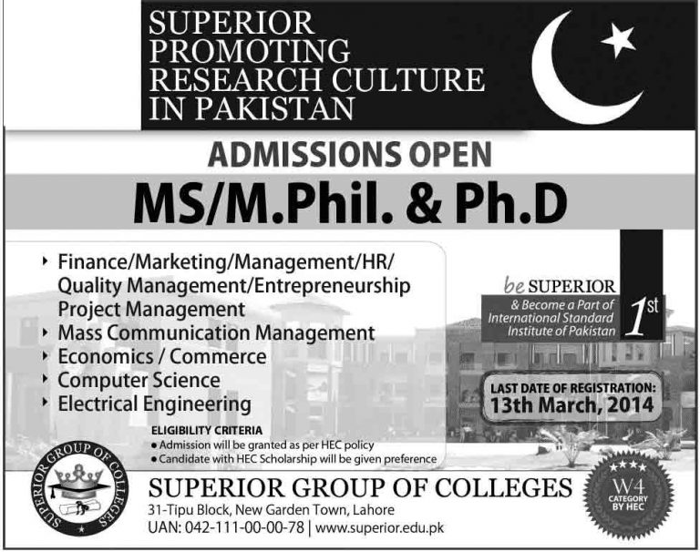 MS M phil Admission Open in Superior Group of Colleges