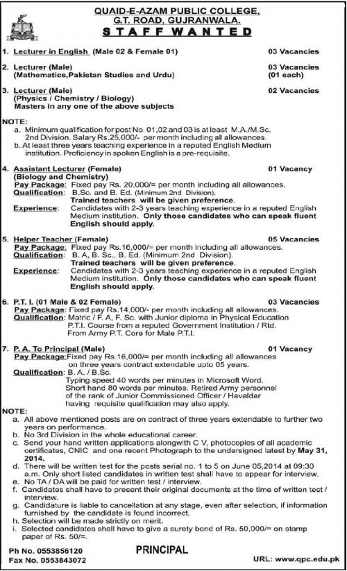 Teaching-Jobs-in-Quaid-e-azam-college-gujranwala