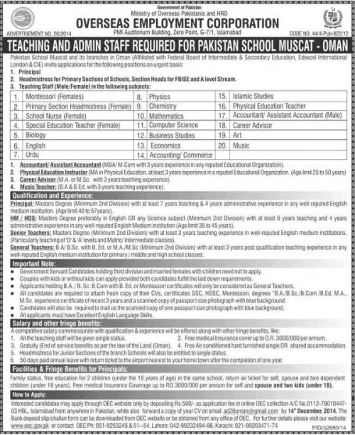 Teaching & Admin Jobs in Pakistan School Muscat, Oman