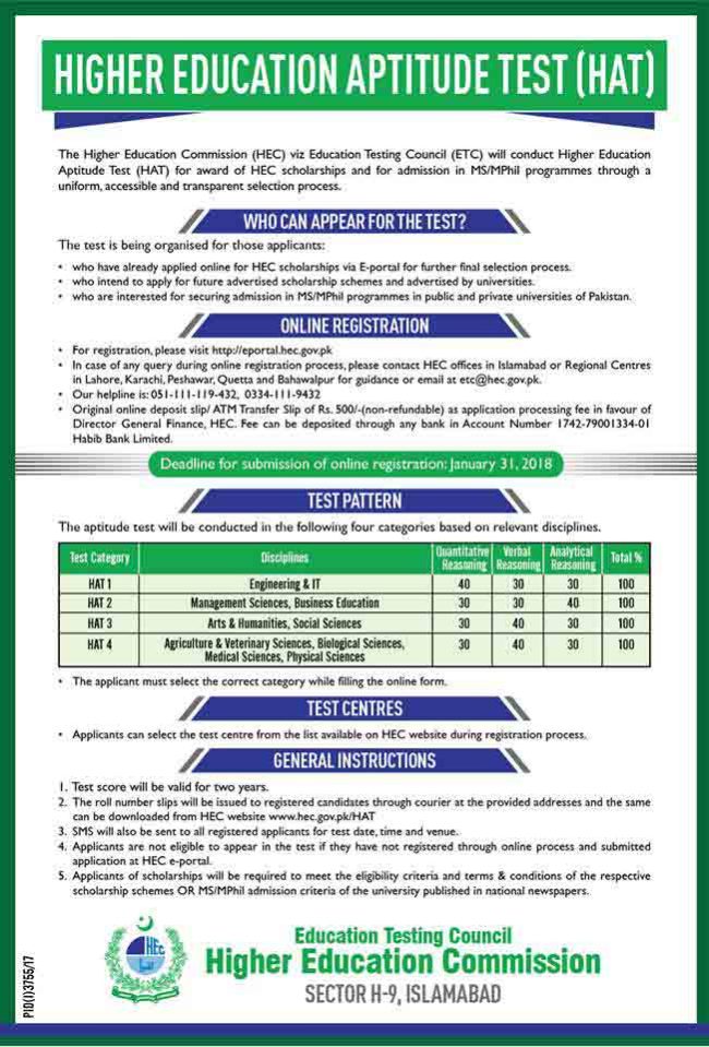HEC Aptitude Test Hat for Scholarships & Admissions 2020 Registration