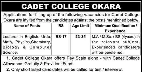 Cadet-college-okara-Jobs-2019