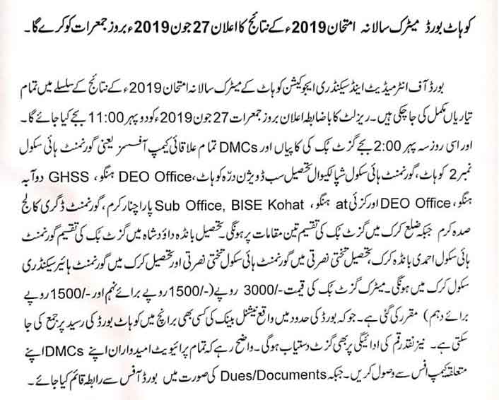Bise-Kohat-Result-Matric 2019