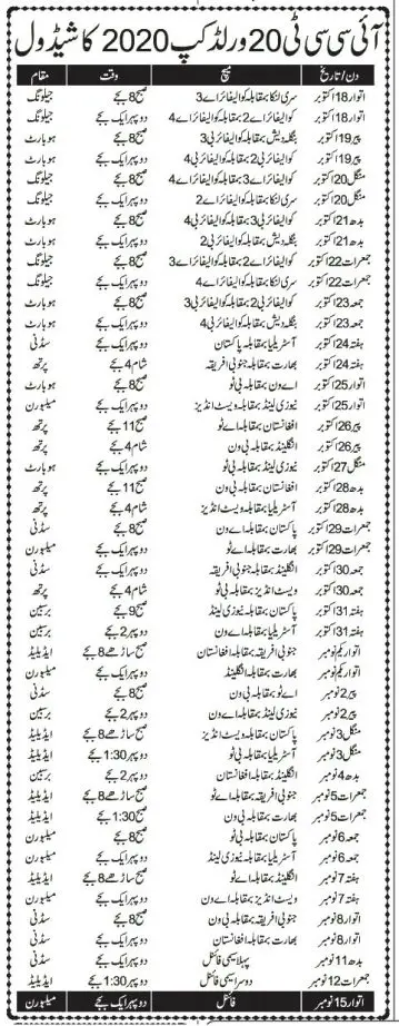 T20 Schedule 2020