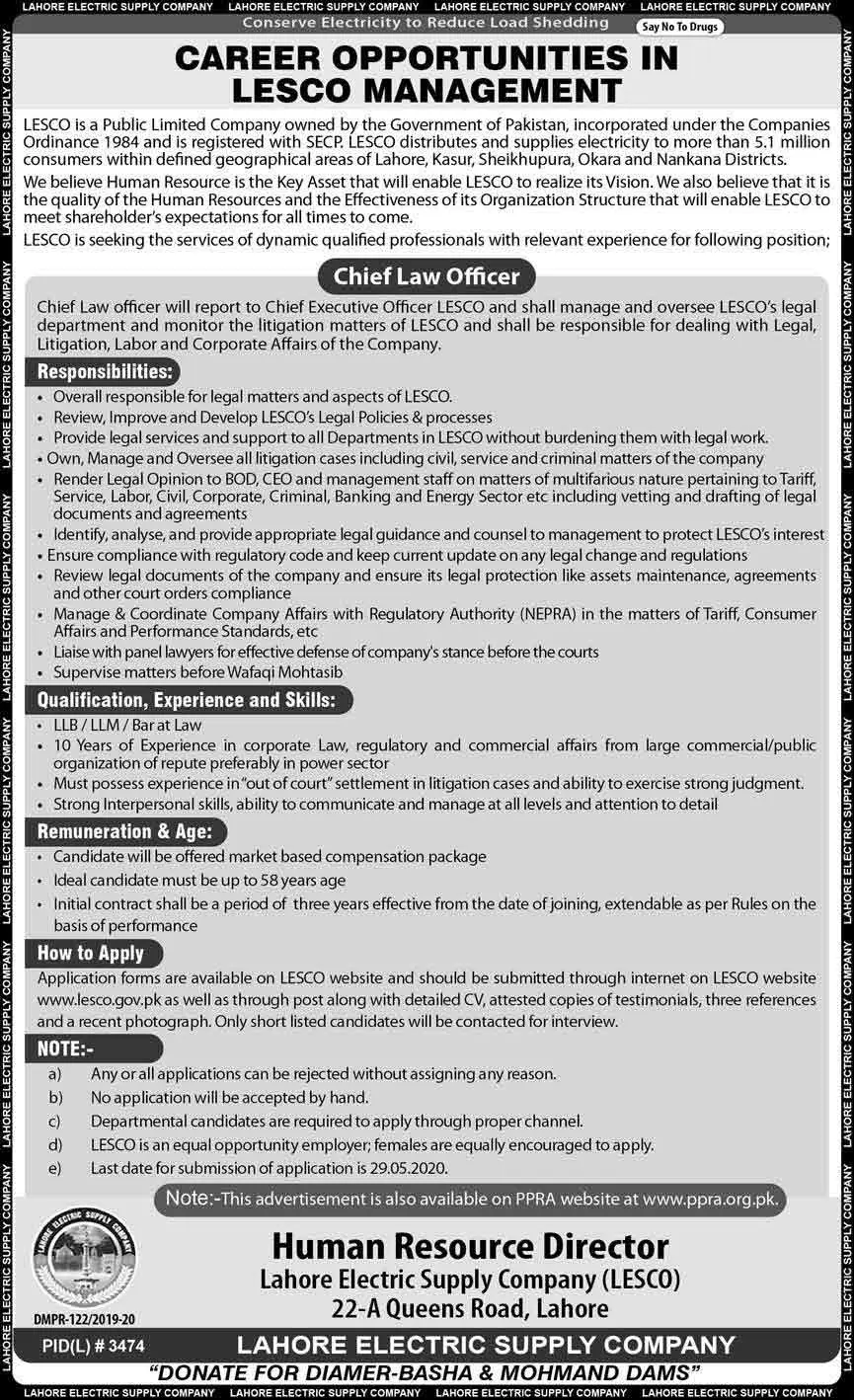 LESCO-Lahore-Jobs-2020-Chief-Law-Officer