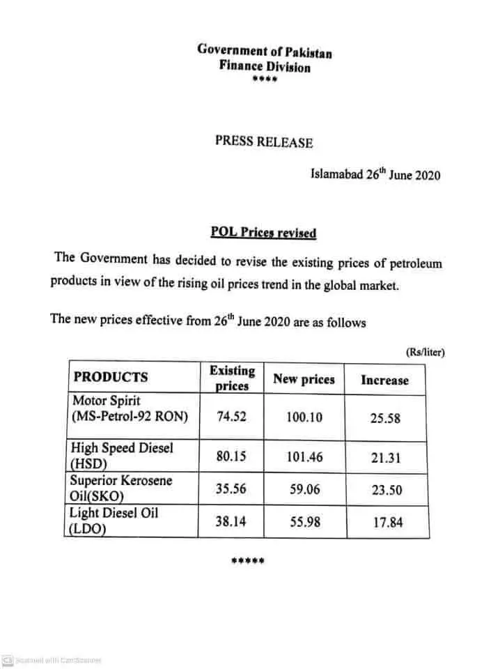 Diesel-Petrol-Price-Rate-26-June-2020-Notification-Government