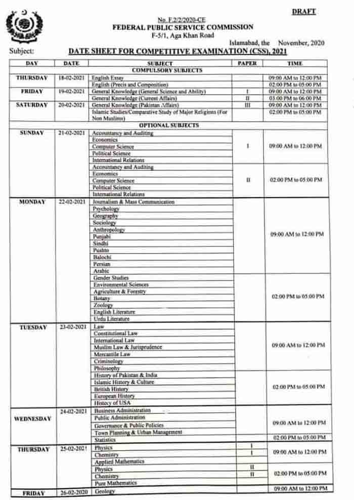 FPSC CSS Exam Date Sheet 2021 - LearningAll