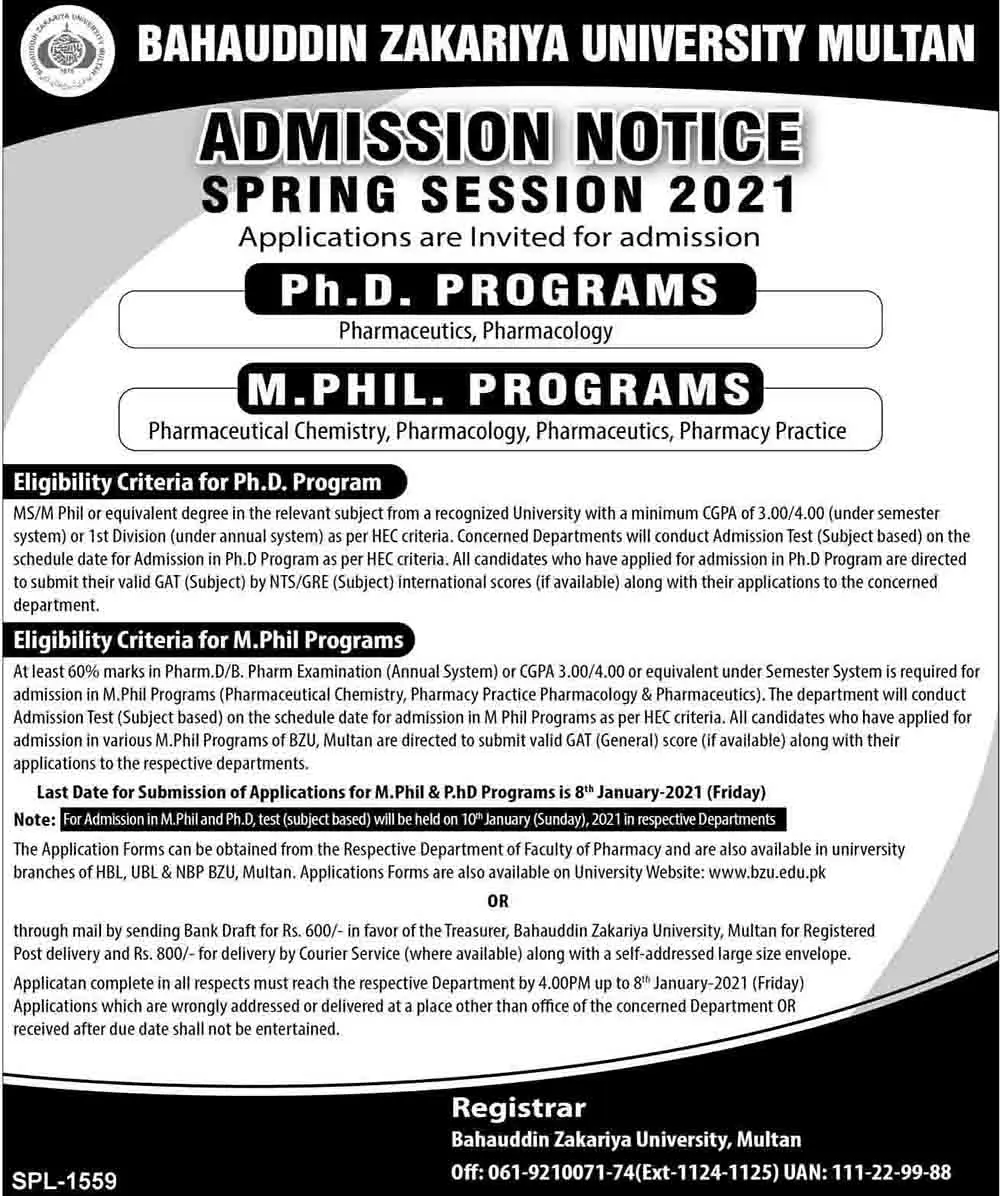 BZU Multan PhD Admission 2021
