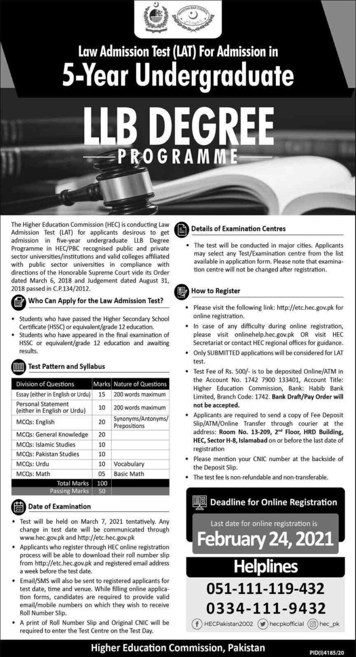 HEC Law Admission Test 2021 LAT Undergraduate LLB Model Papers